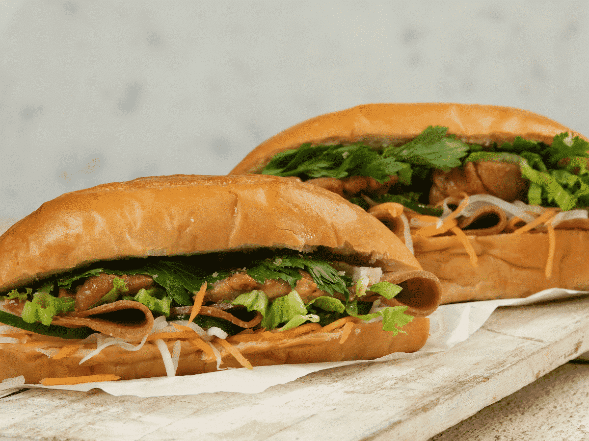 Bánh mì, a short baguette filled with meat and other savoury ingredients